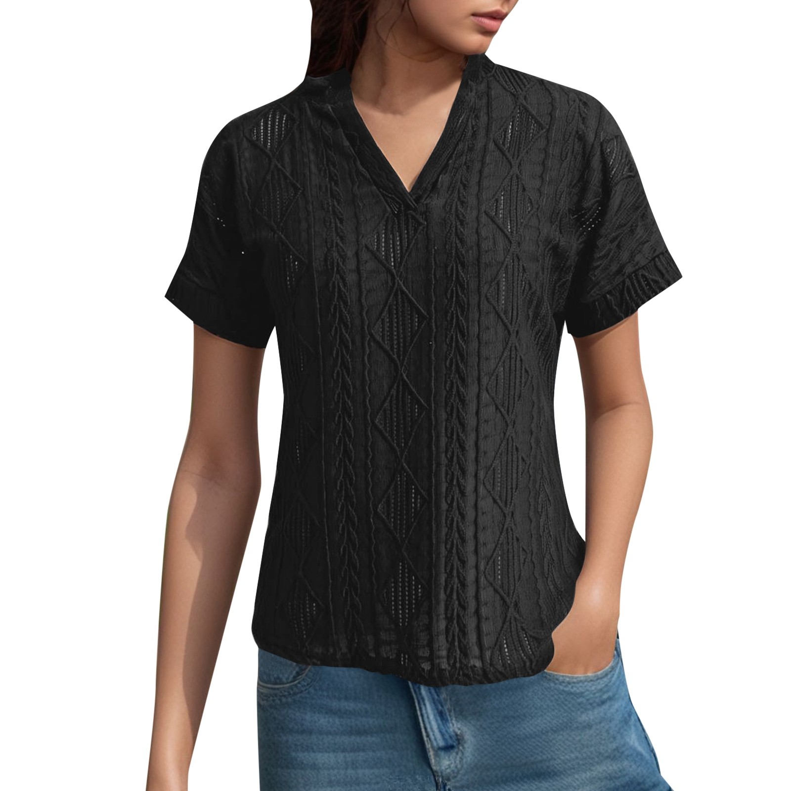 Camisa de punto jacquard holgada con cuello en V para mujer: manga corta, detalle de cordones, informal de verano, fácil de cuidar